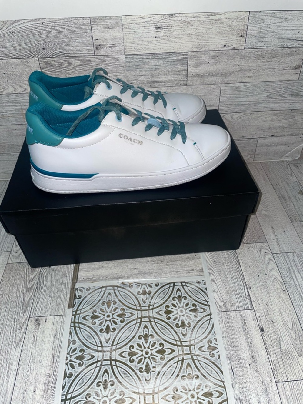 Coach White & Teal Leather Sneakers